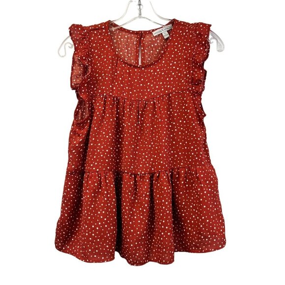 Moa Moa Women’s Sleeveless Ruffle Blouse Cinnamon/White Polka Dot Small - Picture 1 of 9
